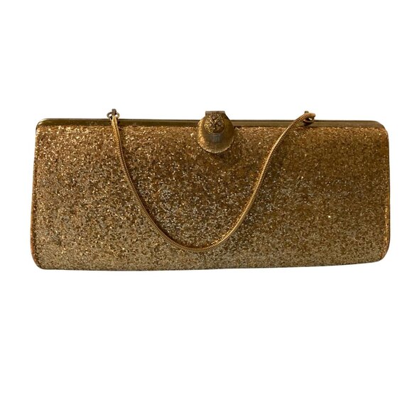 Vintage Glittery Gold Evening Clutch Handbag With Chain Strap Rhinestone Clasp - Picture 1 of 10